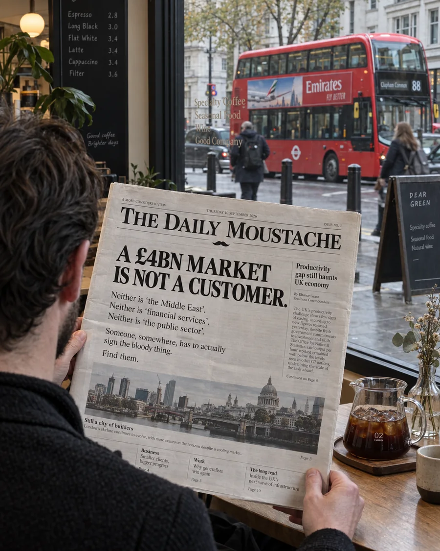 العمل الأصلي للإصدار 01 من Daily Moustache: قارئ صحيفة صباحية في مقهى بلندن