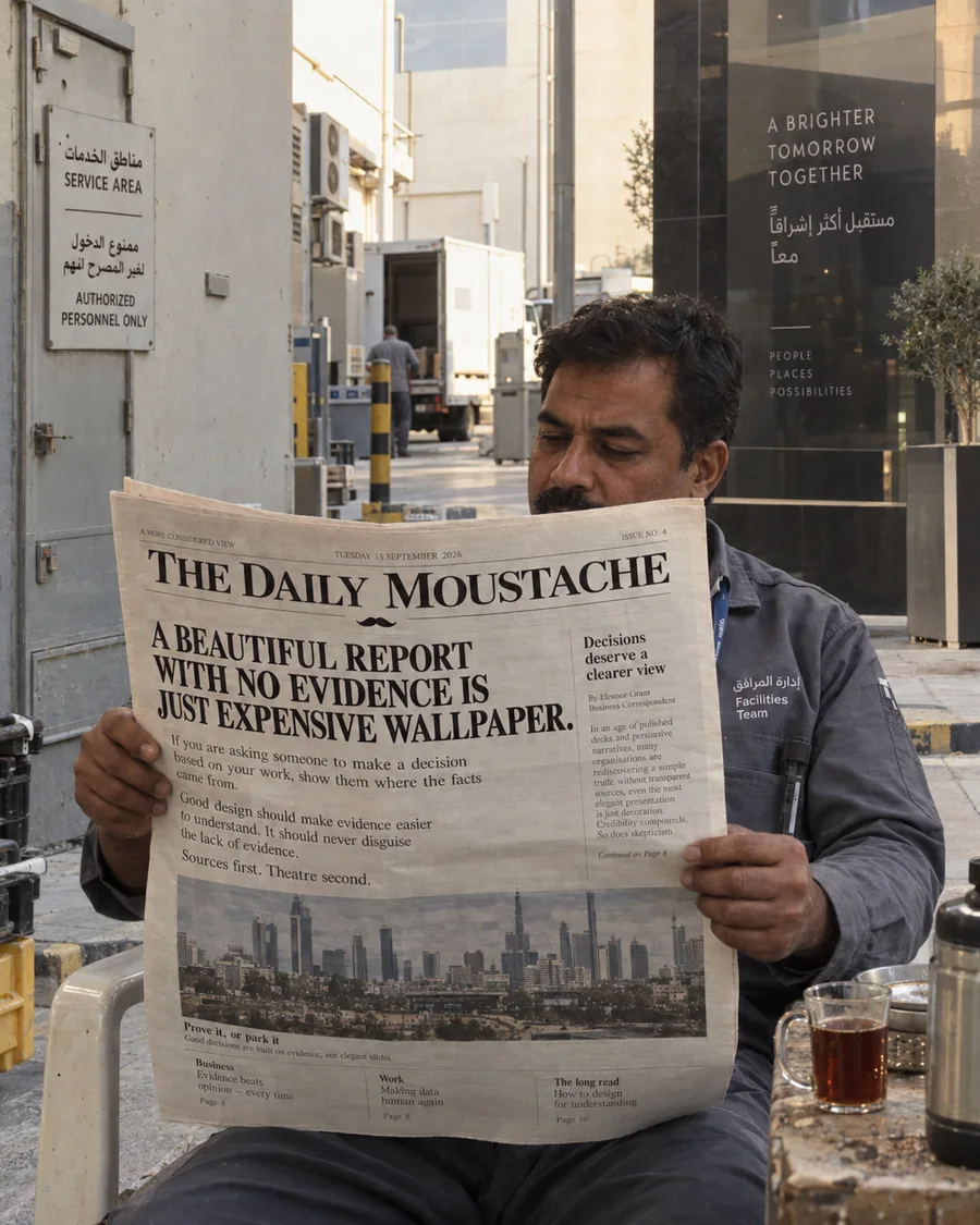 العمل الأصلي للإصدار 04 من Daily Moustache: موظف مرافق يقرأ في منطقة الخدمات